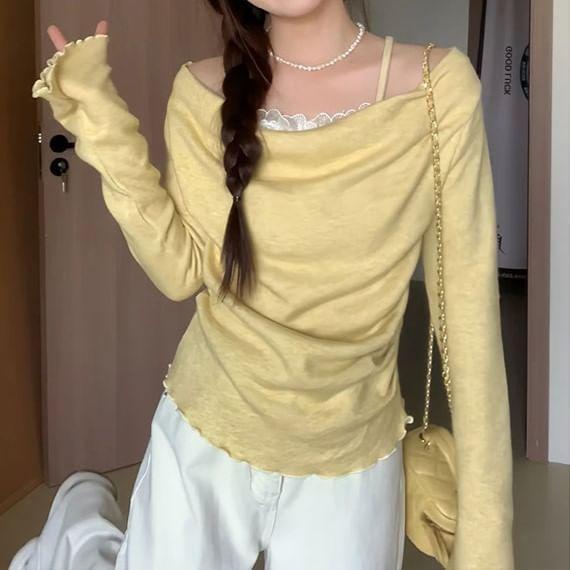 Long-Sleeve Cowl Neck Plain Lettuce Edge Lace Trim Knit Top Product Image