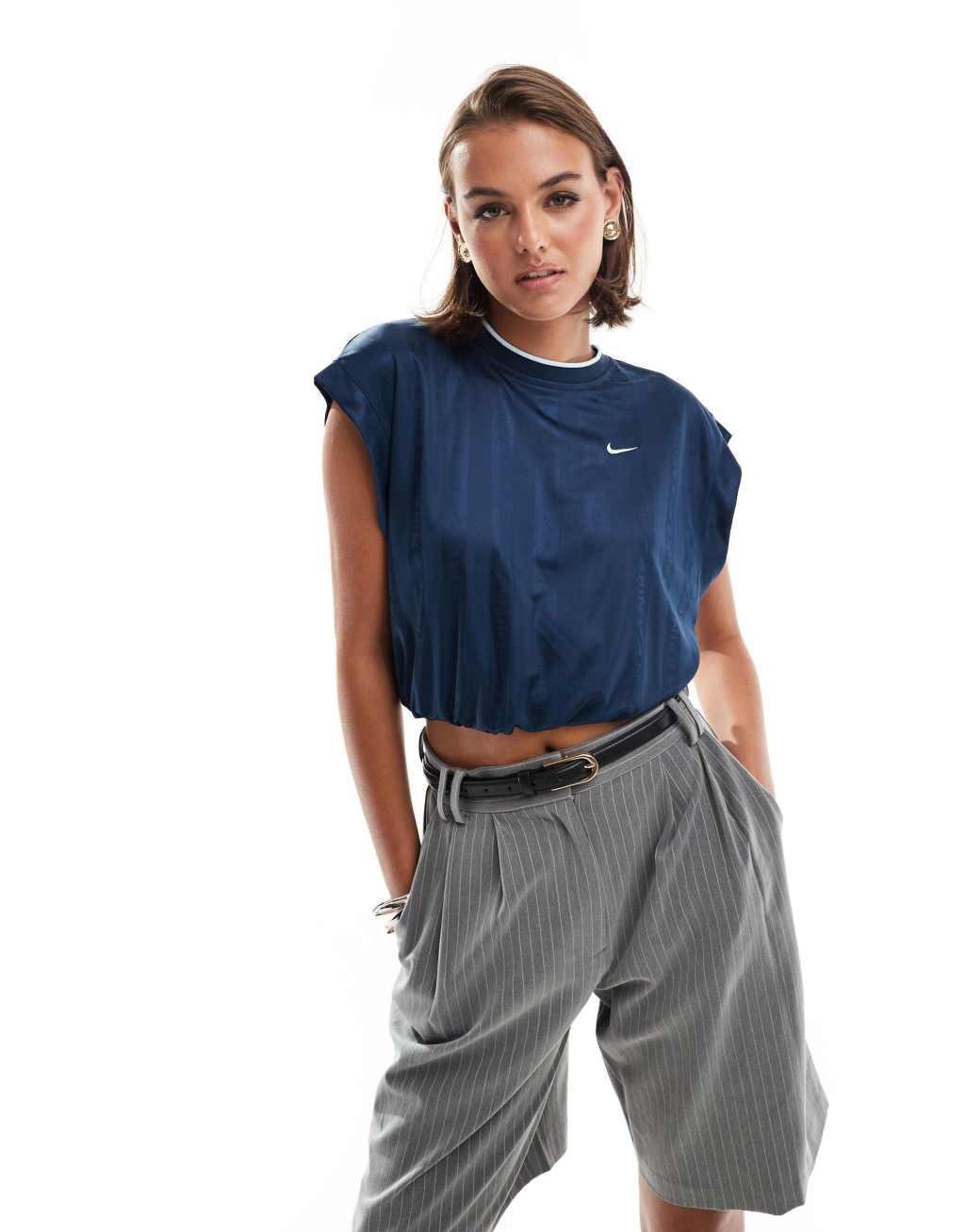 Nike NSW Collection Jacquard cropped jersey top in navy Product Image