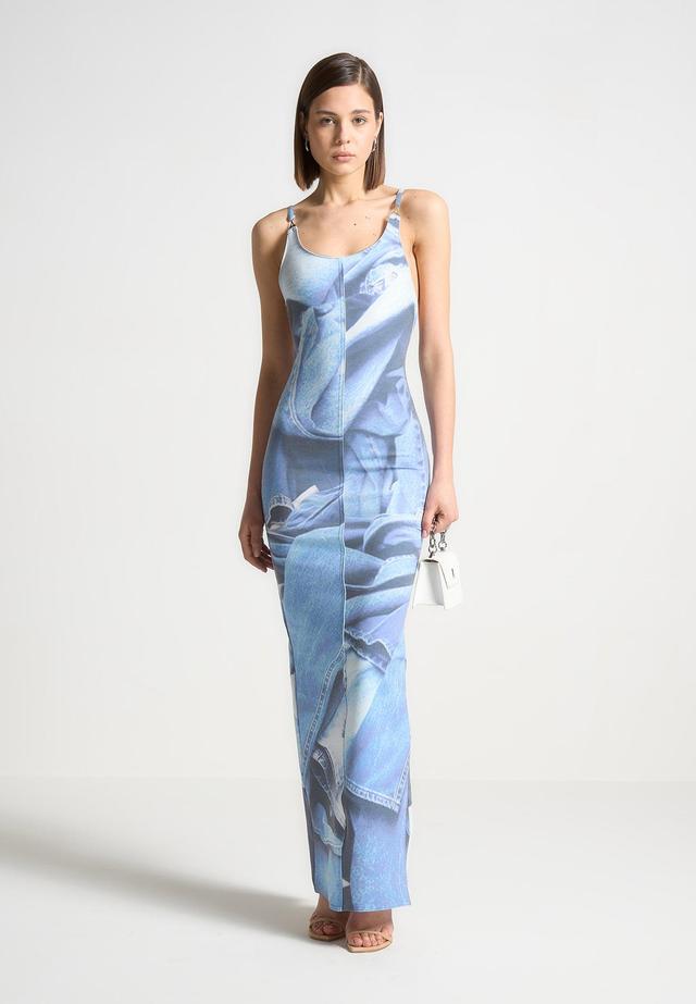 Printed Denim Effect Maxi Dress - Blue Female Product Image