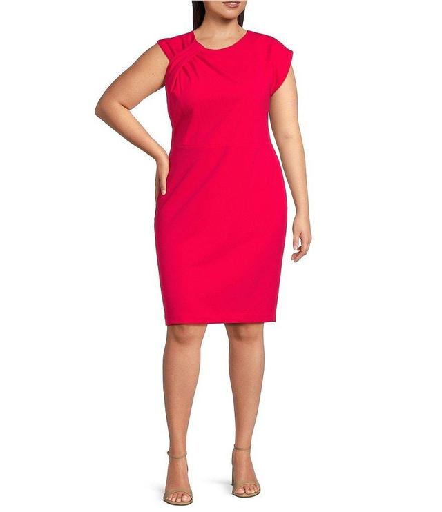 Calvin Klein Plus Size Scuba Crepe Short Sleeve Asymmetrical Neck Sheath Dress Product Image