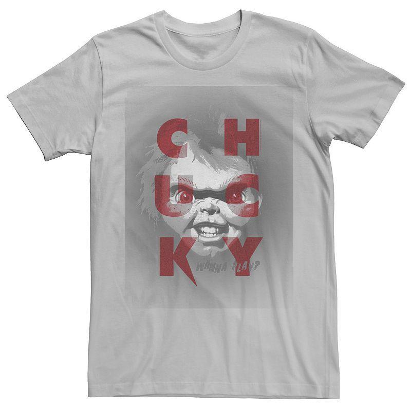 Mens Chucky Wanna Play? Grey Scale Portrait Letter Stack Tee Product Image