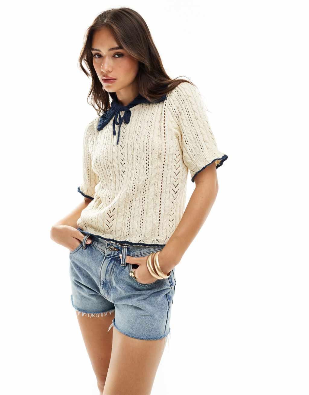 YAS crochet knit short sleeve polo top with contrast navy and cream Product Image