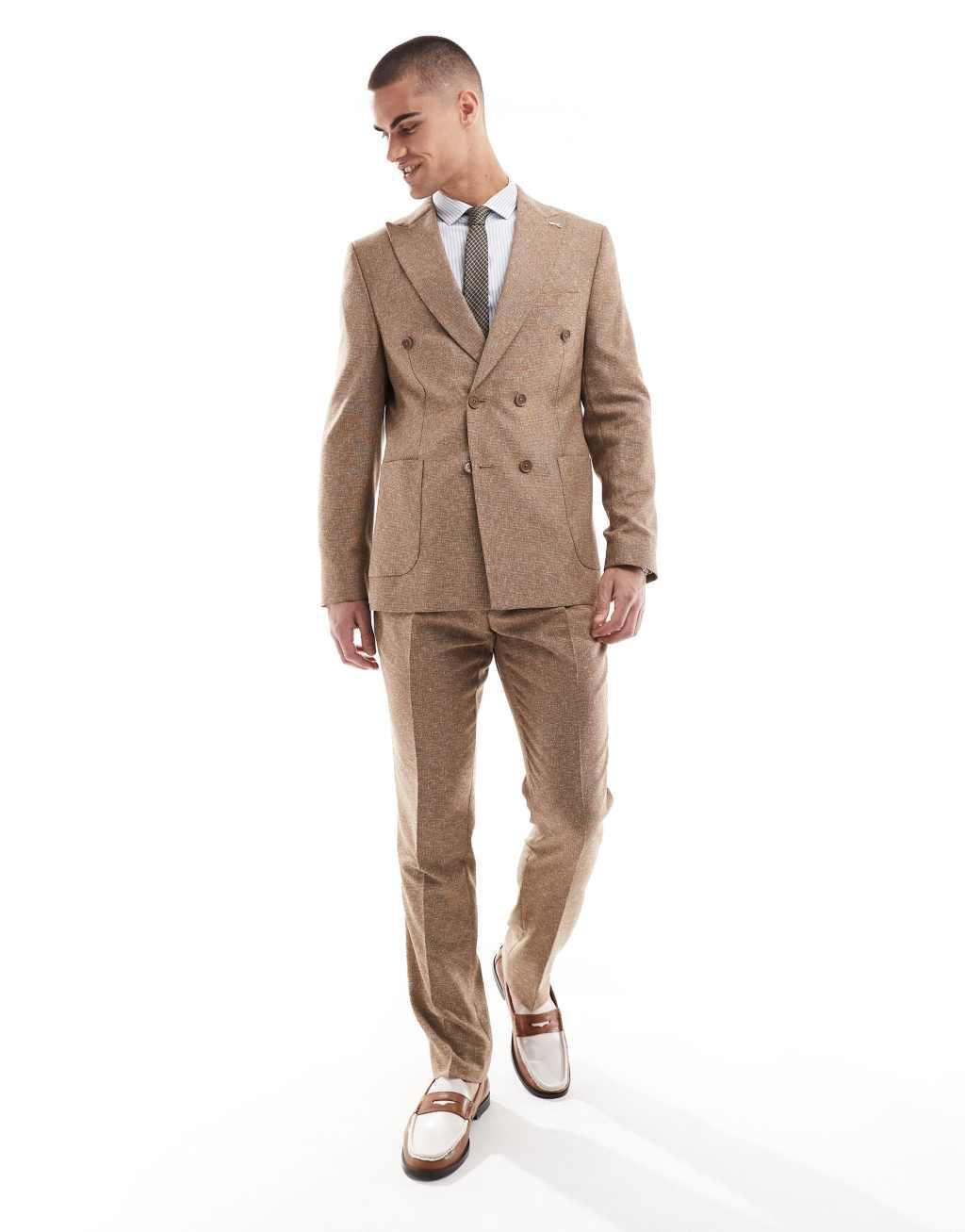 Shelby and Sons double breasted tailored slim blazer in mid brown - part of a set Product Image