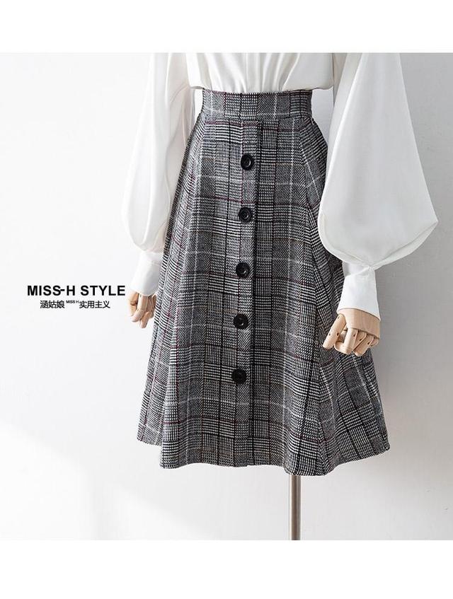 High Waist Plaid Midi A-Line Skirt Product Image