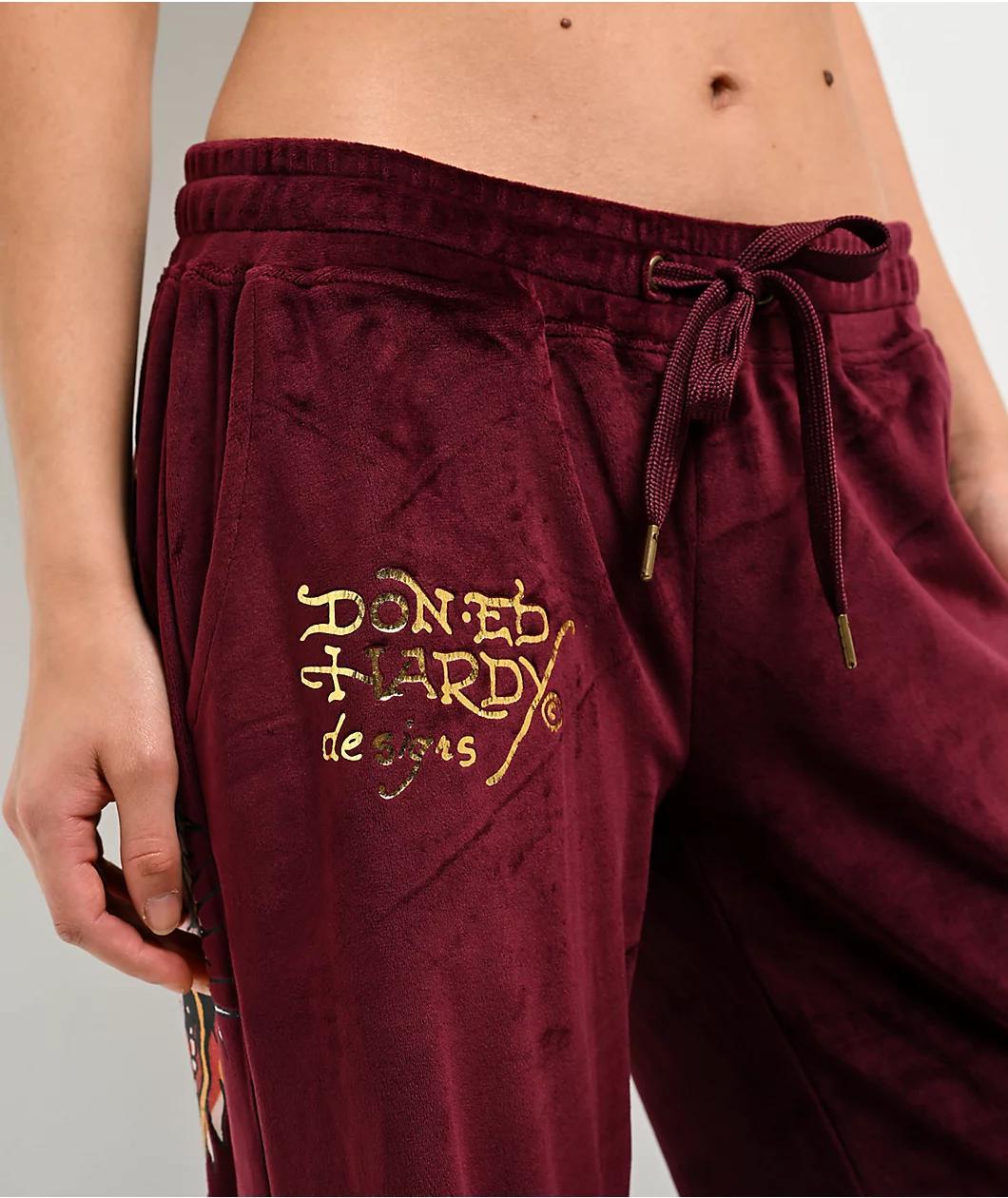 Ed Hardy Retro Tiger Burgundy Velour Track Pants Product Image