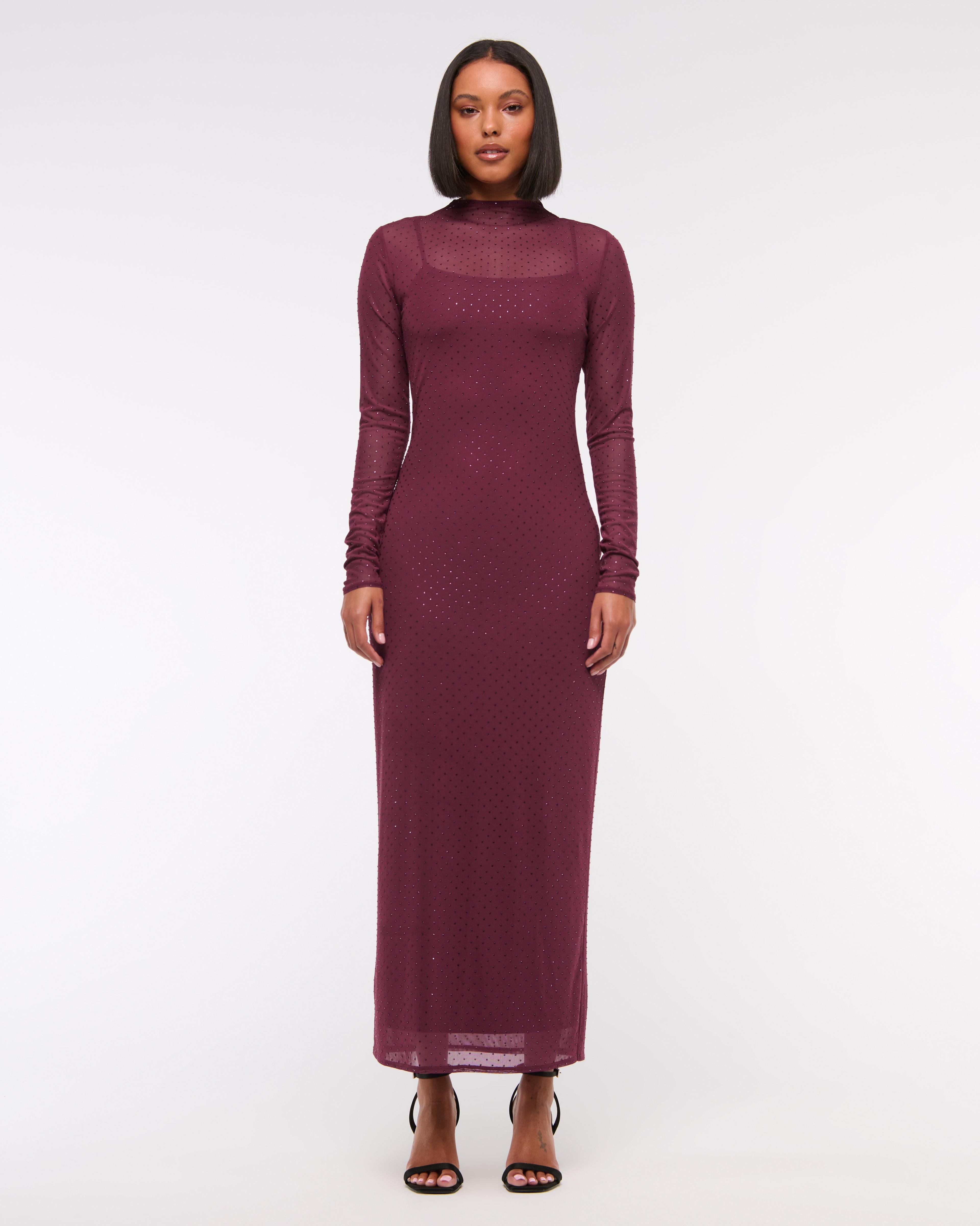 Long-Sleeve Rhinestone Mesh Maxi Dress Product Image