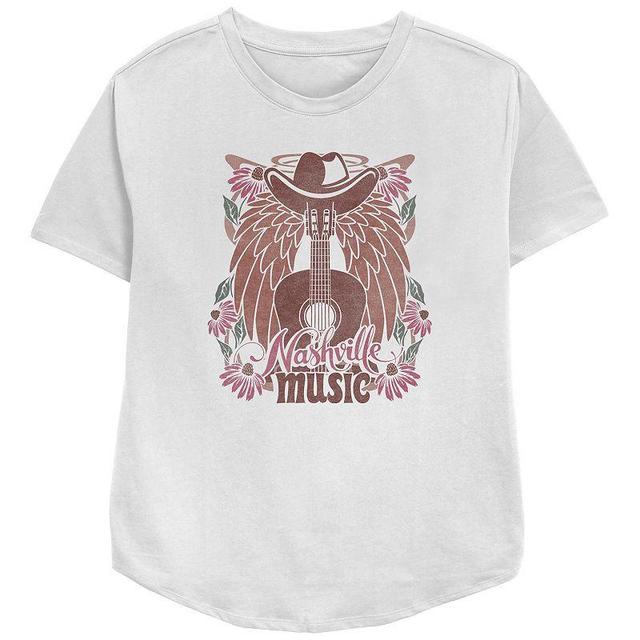 Womens Nashville Music Cowboy Hat Guitar Wings Flowers Relaxed Fit Graphic Tee, Girls White Product Image