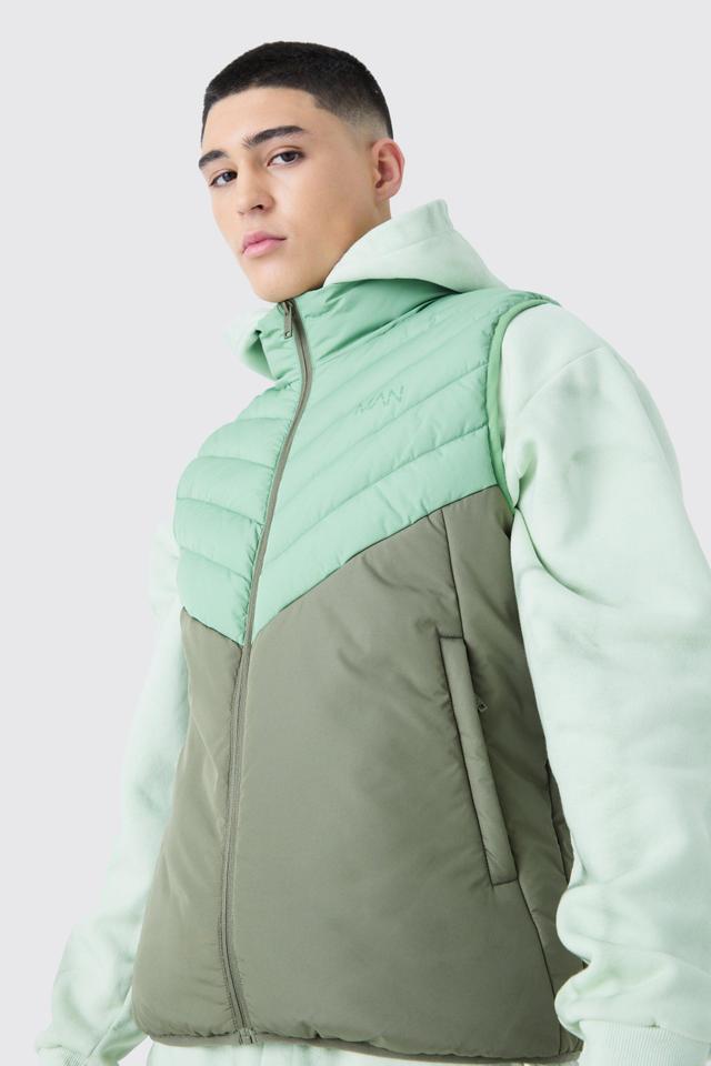 Man Colour Block Quilted Funnel Neck Vest | boohooMAN USA Product Image