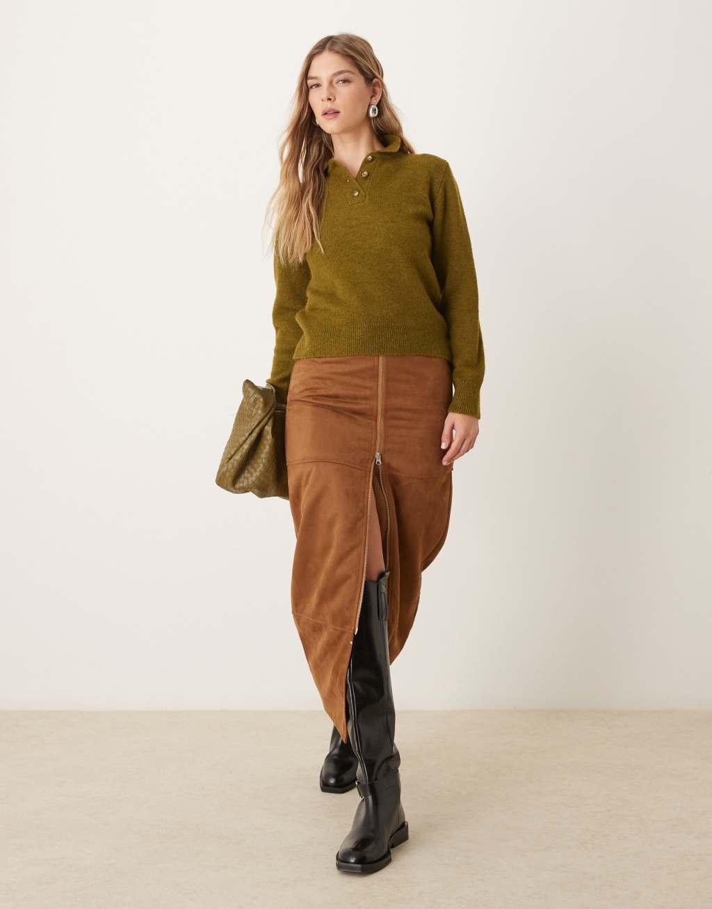 ASOS DESIGN knit collared sweater in olive Product Image