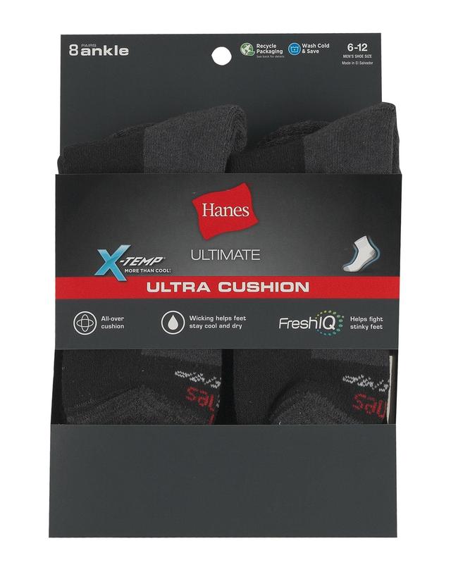 Hanes Ultimate Mens Ultra Cushion Ankle Socks, 8-Pairs Black 6-12 Product Image