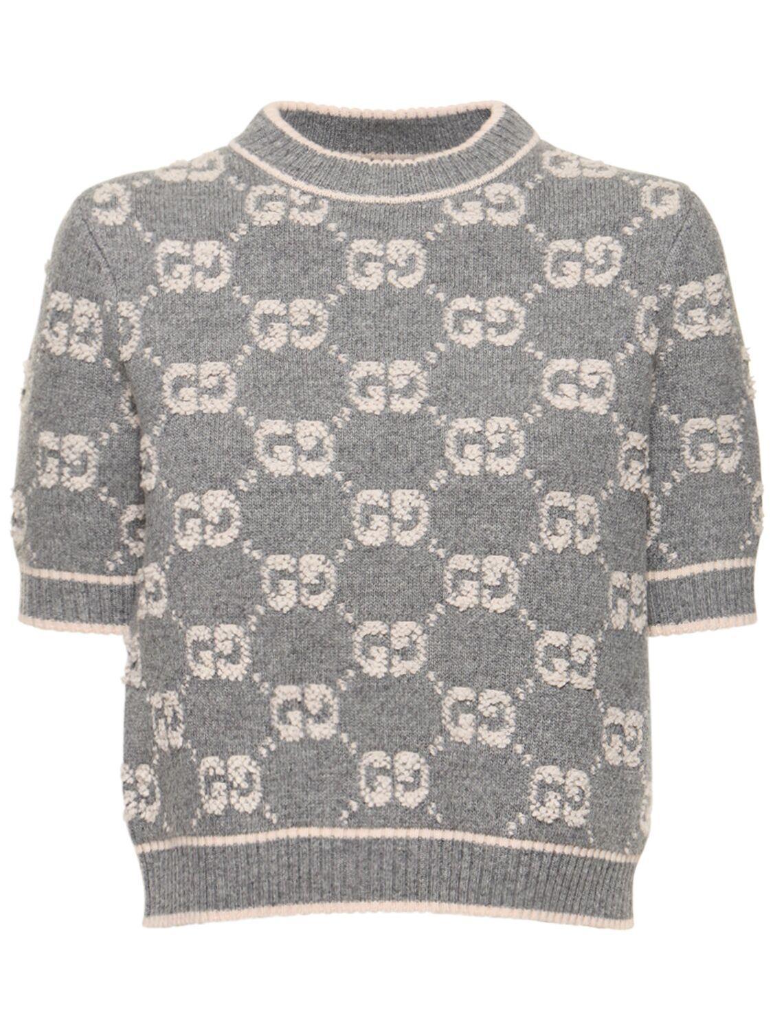 Grey Gg-jacquard Wool Knitted Top In Grey,ivory Product Image