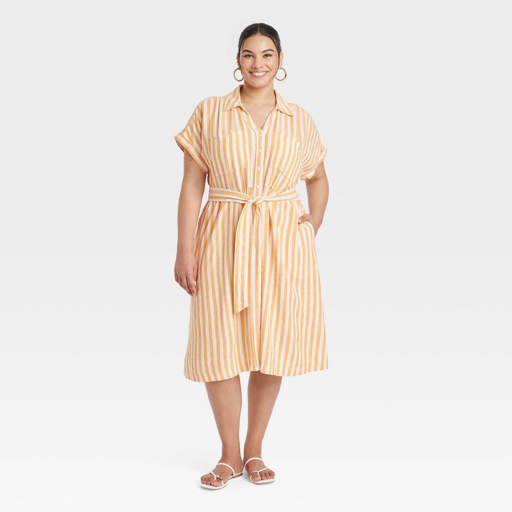 Womens Short Sleeve Tie-Front Midi Shirtdress - Ava & Viv Yellow Striped XXL Product Image