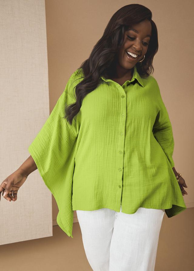 Plus Size Asymmetric Cotton Gauze Shirt, - Ashley Stewart Product Image