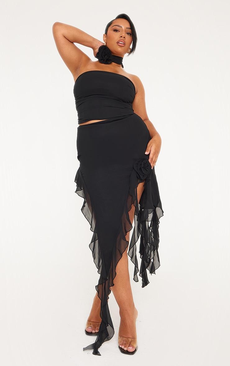 Plus Black Flower Detail Ruffle Drape Strappy Top Product Image