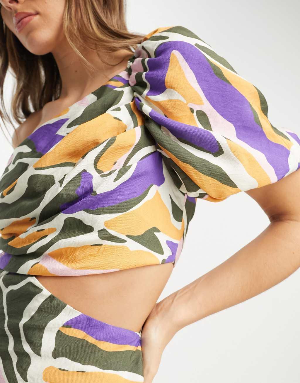 ASOS DESIGN washed one-shoulder maxi dress with cut-out side waist detail in abstract print Product Image