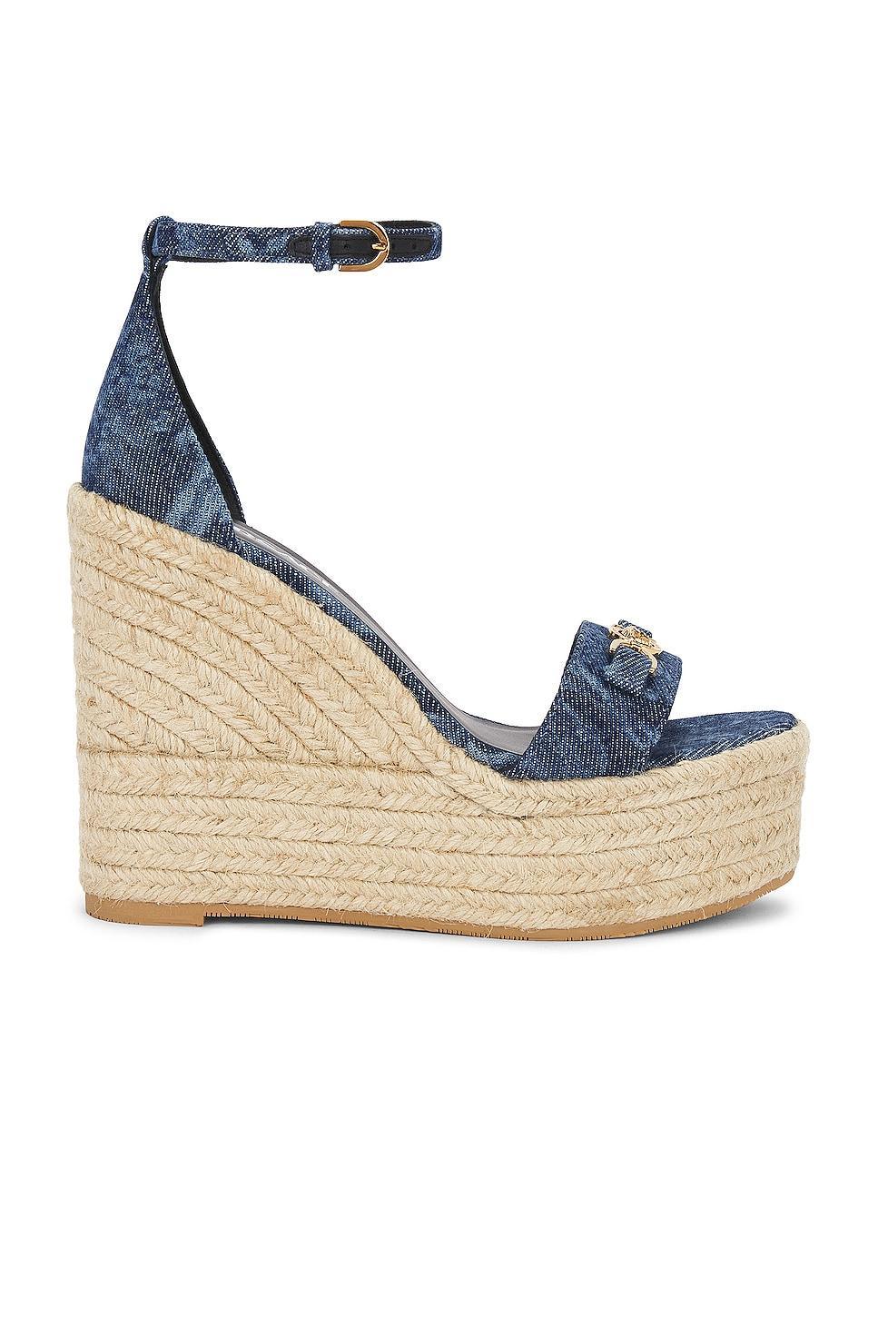 VERSACE Fabric Wedge Espadrille Sandal in Blue - Blue. Size 41 (also in 39.5, 40). Product Image