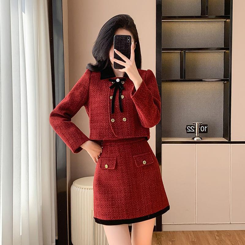 Set: Collared Tweed Double Breasted Jacket + Mid Rise Mini A-Line Skirt Product Image