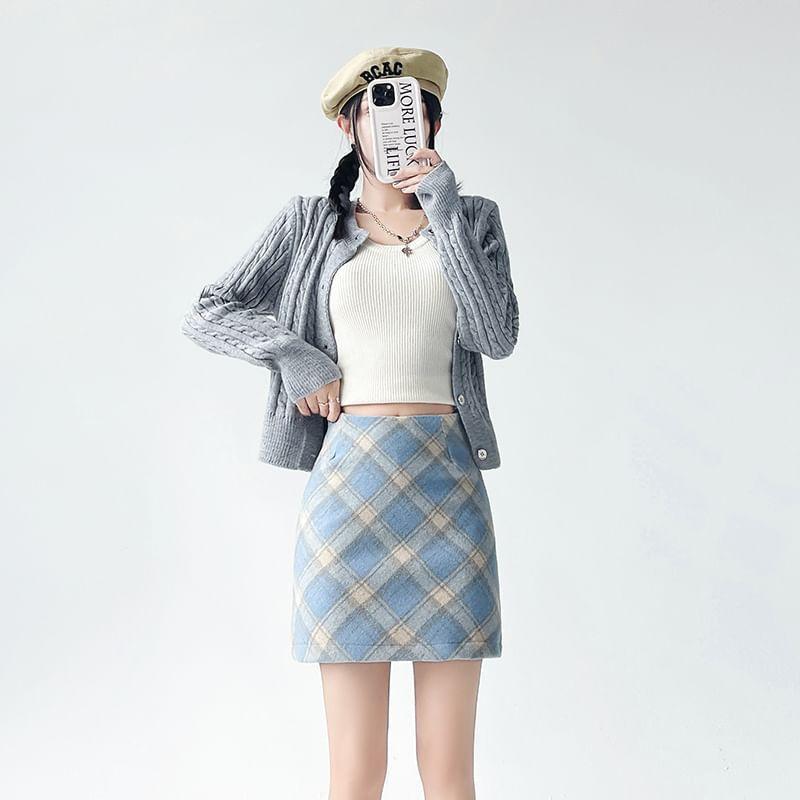 High Rise Plaid Mini Pencil Skirt product image