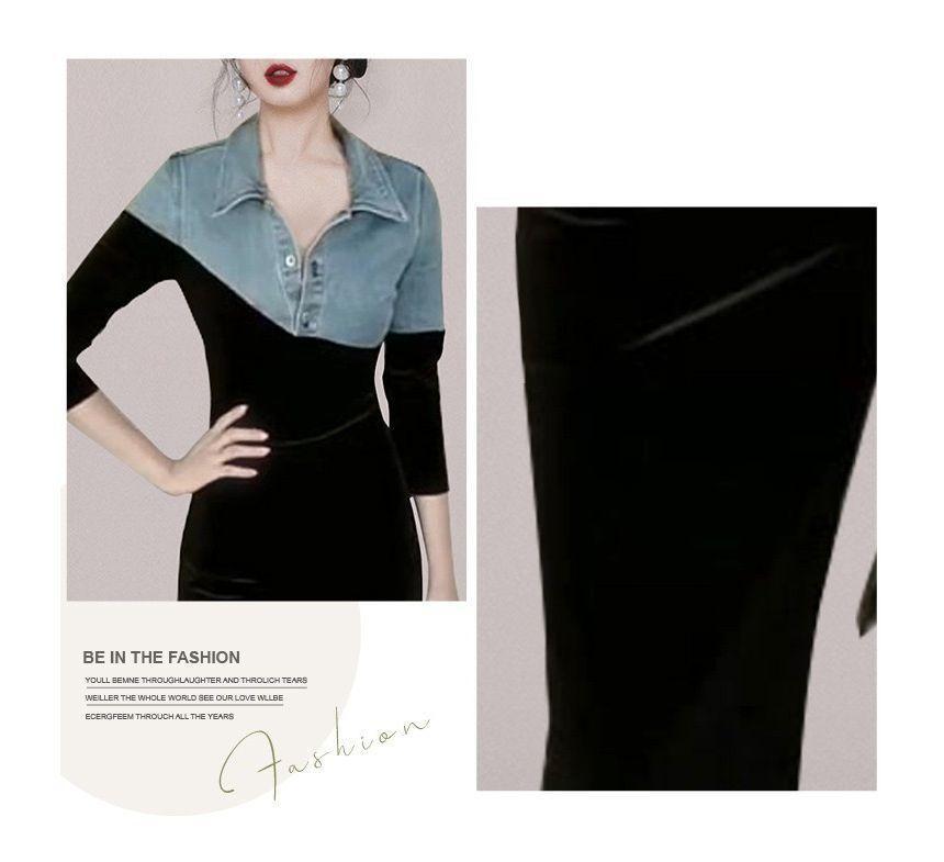 Mock Two-Piece Elbow-Sleeve Denim Panel Maxi Bodycon Dress Product Image