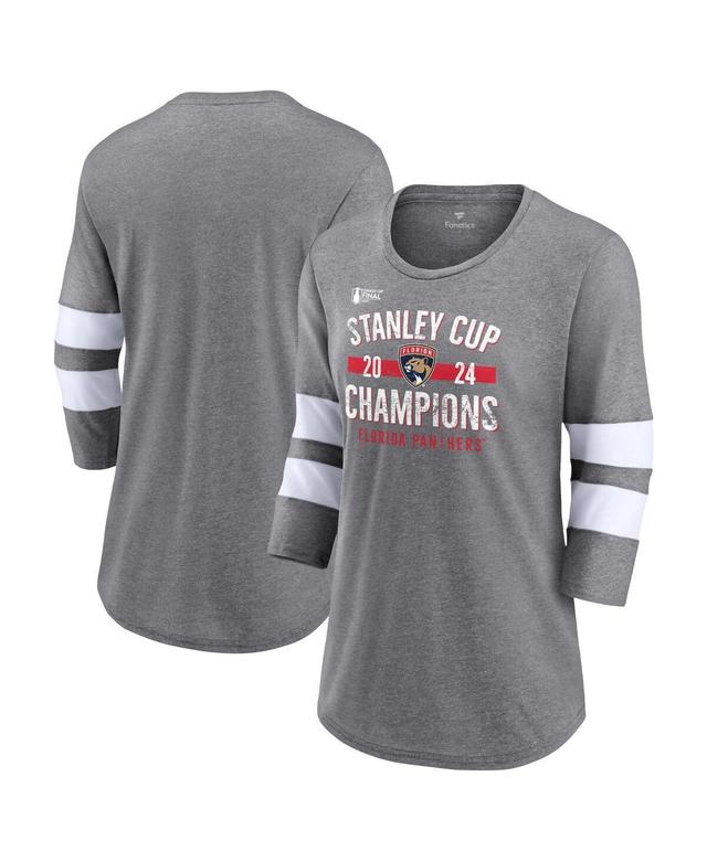 Fanatics Womens Heather Gray Florida Panthers 2024 Stanley Cup Champions Throwback Tri-Blend 3/4-Sleeve T-Shirt - Heather Gray Product Image