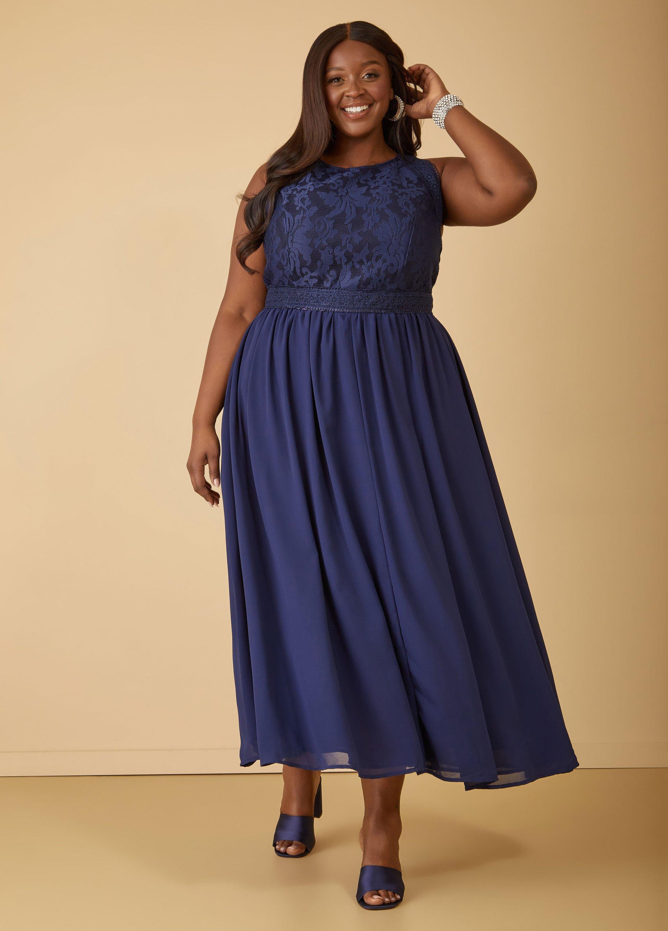 Plus Size Lace Paneled Chiffon Maxi Dress, - Ashley Stewart Product Image