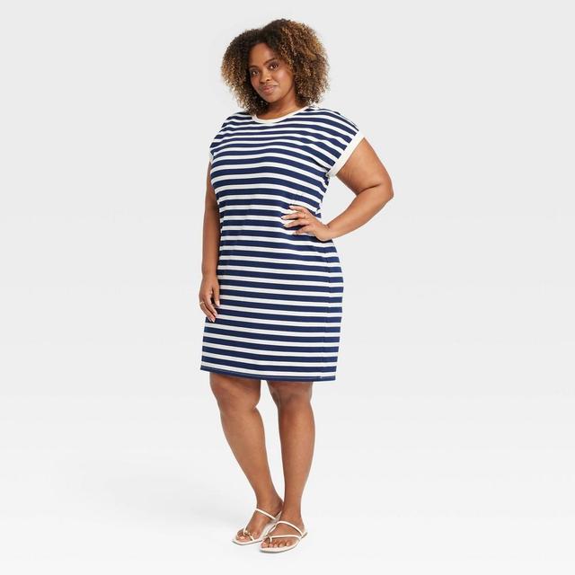 Womens Short Sleeve Knit Mini T-Shirt Dress - Ava & Viv Navy Blue Striped 1X Product Image