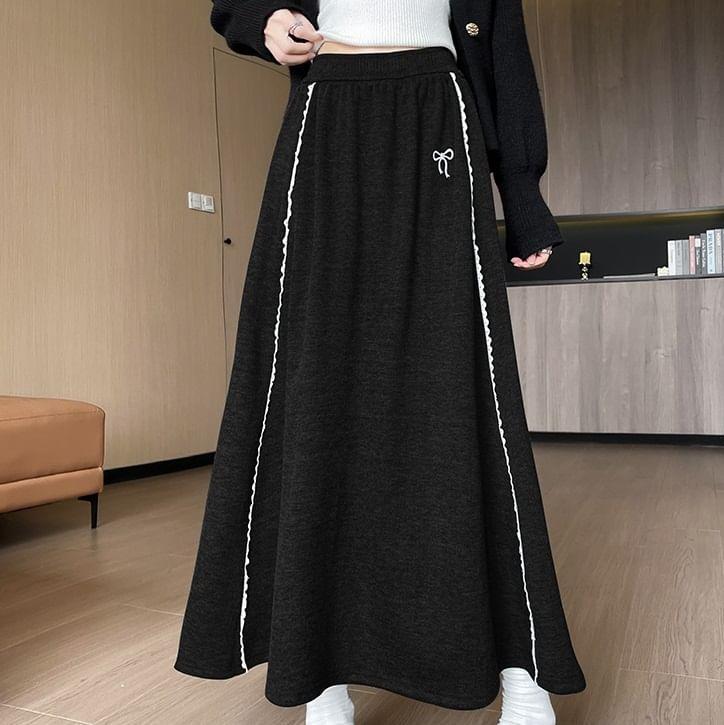 Bow Logo High Waist Plain Lace Trim Maxi A-Line Skirt Product Image