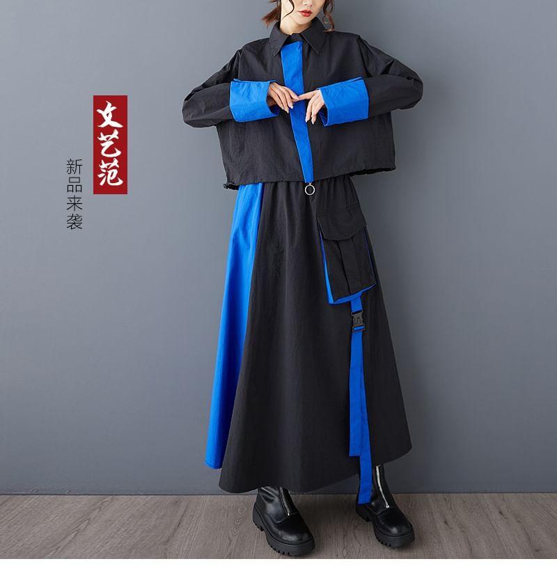 Set: Long-Sleeve Two Tone Crop Shirt + High Waist Maxi A-Line Skirt Product Image