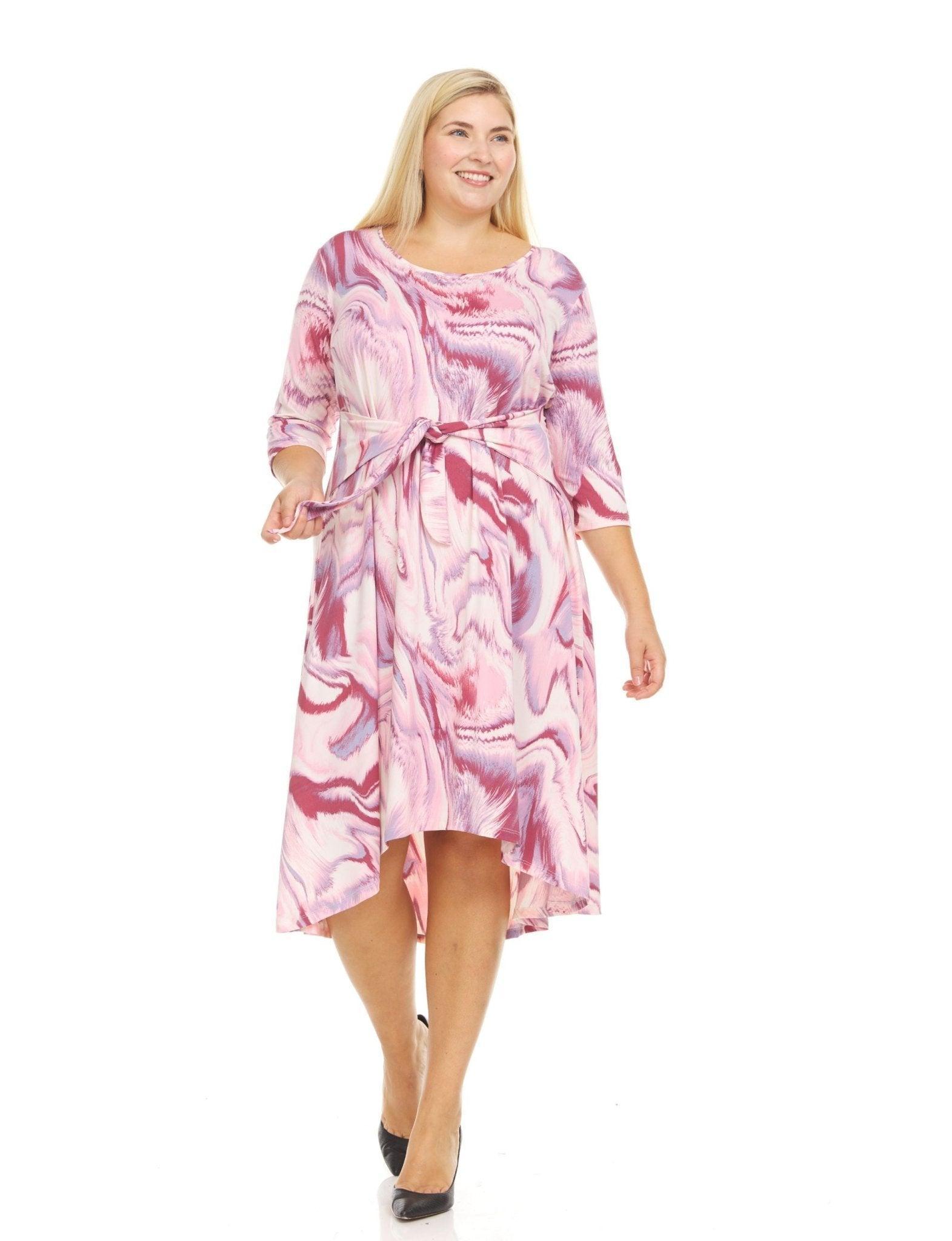 Three-quarter sleeves printed scoop neck midi dress with self tie belt- plus Product Image