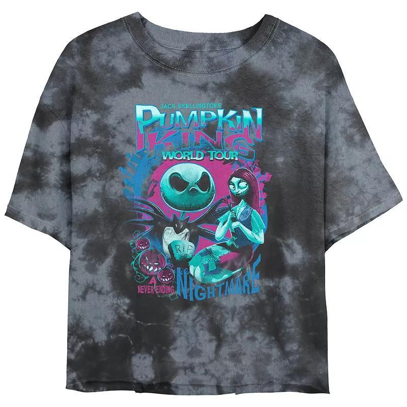 Disneys The Nightmare Before Christmas Pumpkin King World Tour Crop Top Bombard Wash Juniors Graphic Tee, Womens Black Grey Product Image