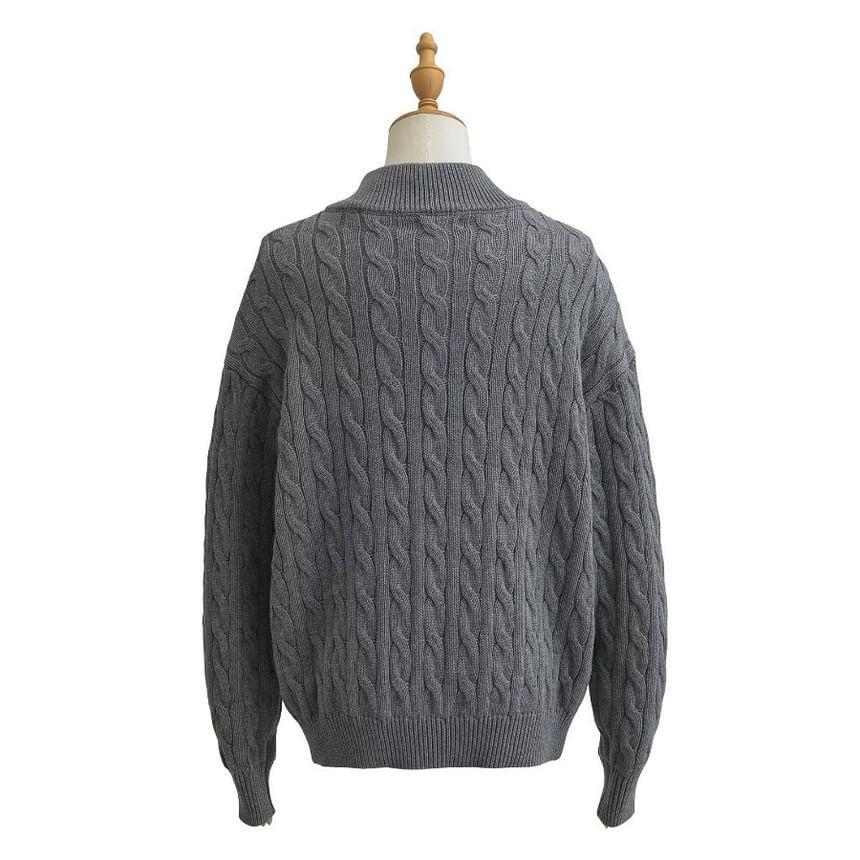 Stand Collar Half Zip Plain Cable Knit Sweater Product Image