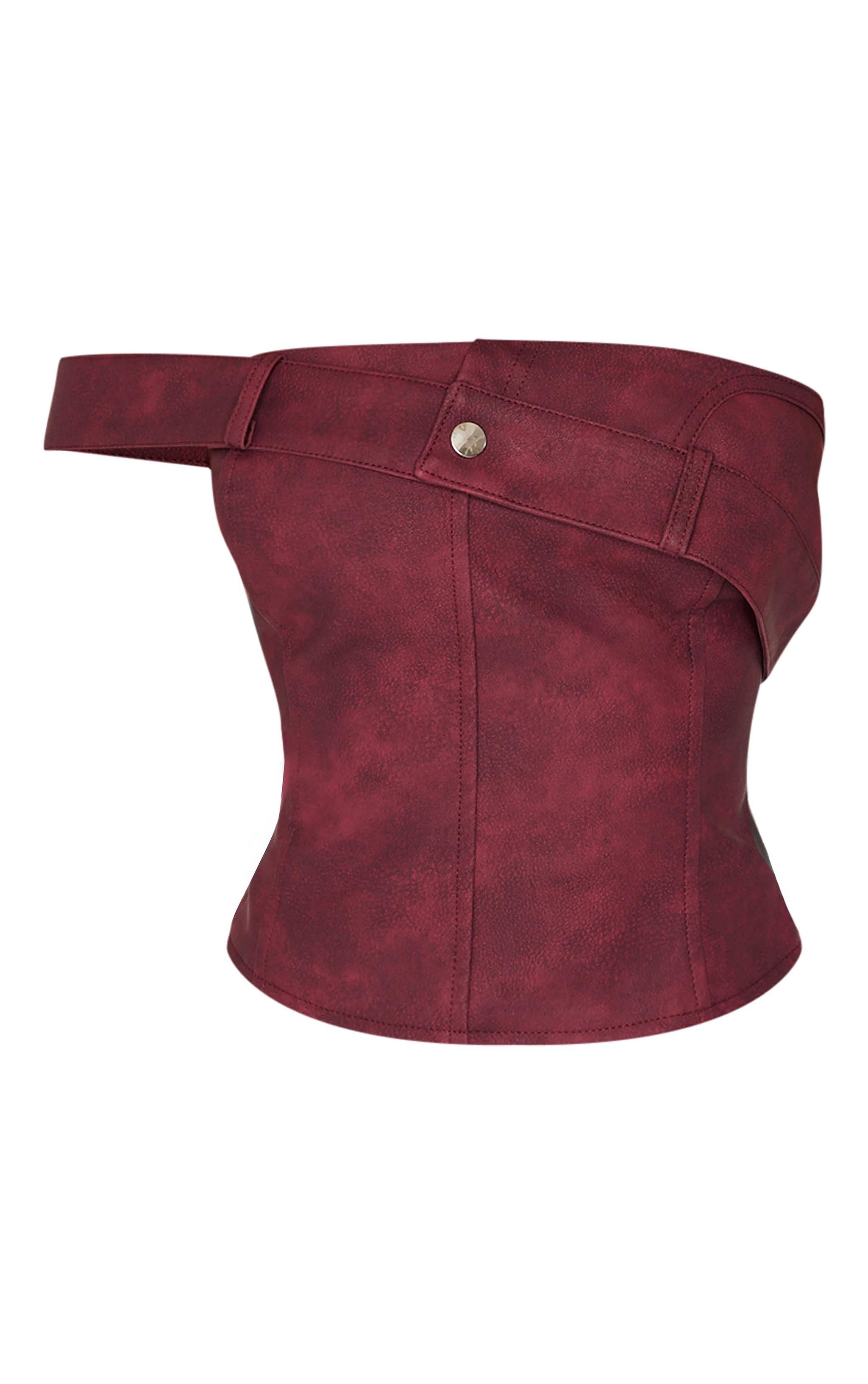 Petite Burgundy Faux Leather Strap Foldover Detail Top Product Image