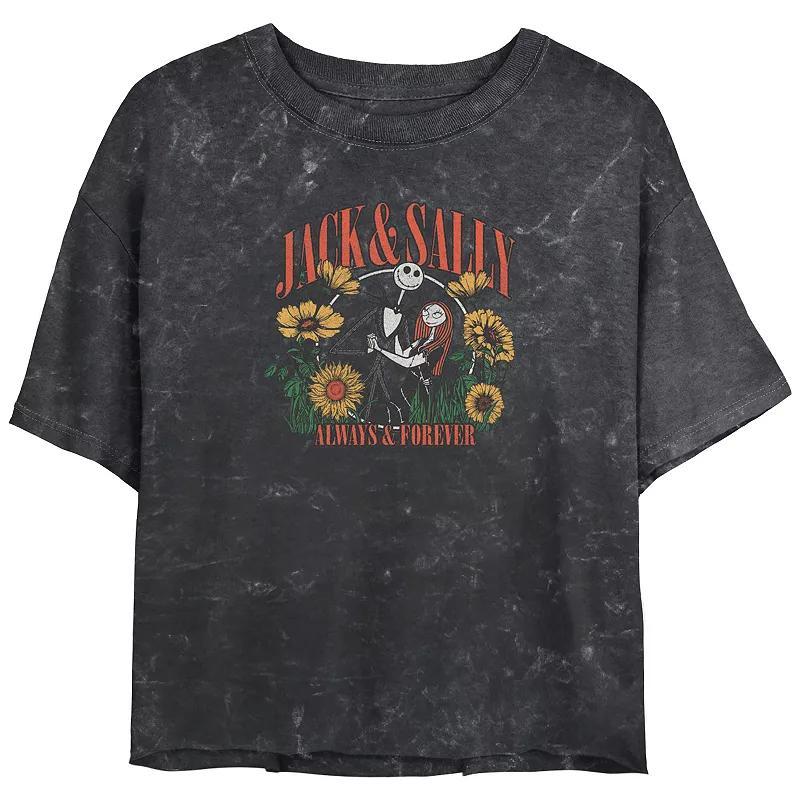 Disneys The Nightmare Before Christmas Jack And Sally Always And Forever Crop Top Mineral Wash Juniors Graphic Tee, Womens Product Image