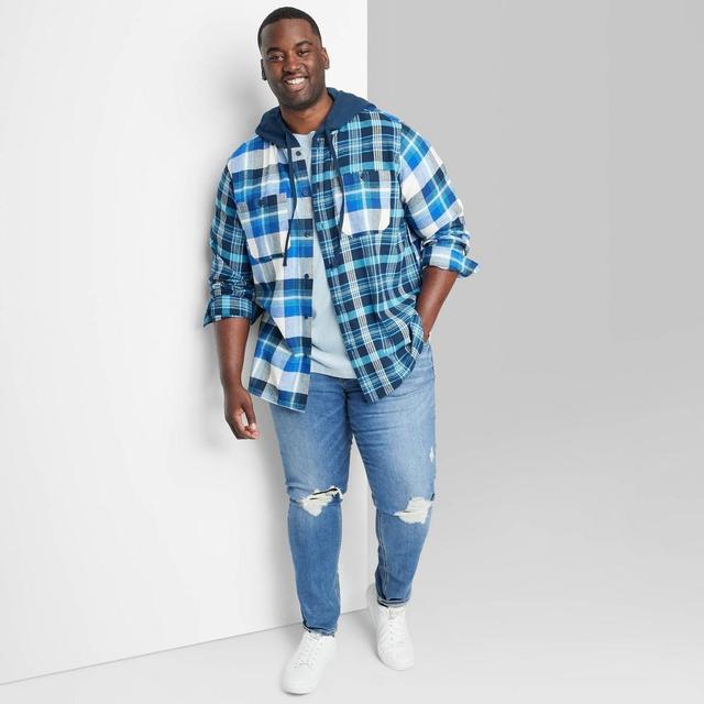 Mens Big & Tall Checked Hooded Button-Down Shirt - Original Use Blue 3XL Product Image