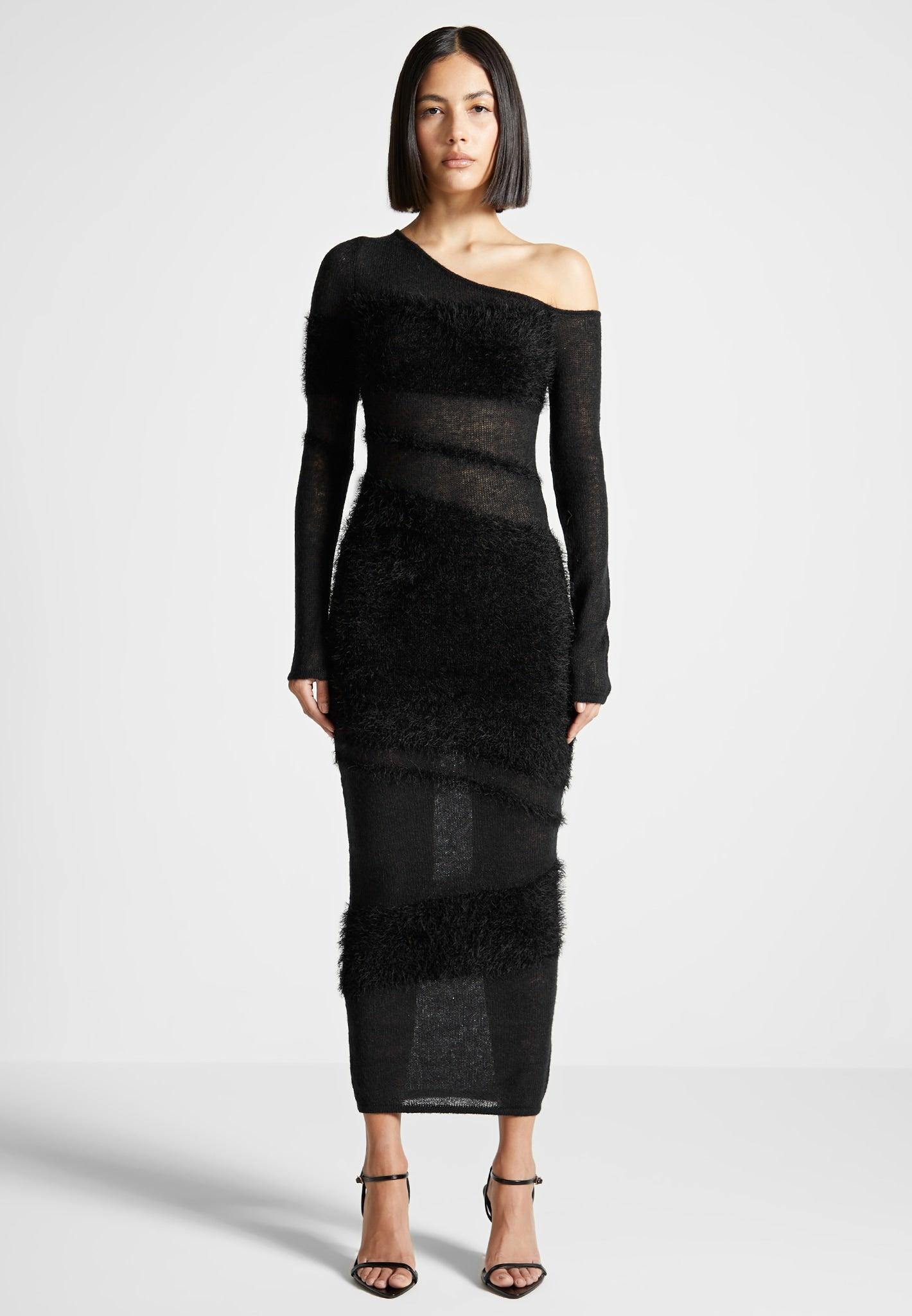 Off Shoulder Knitted Maxi Dress - Black Female Product Image