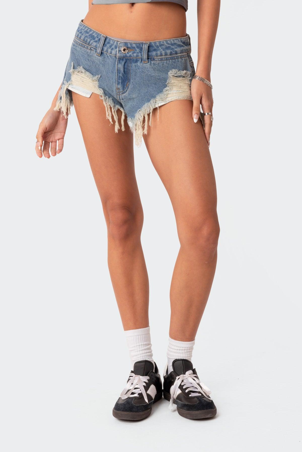 Low Rise Distressed Micro Denim Shorts Product Image