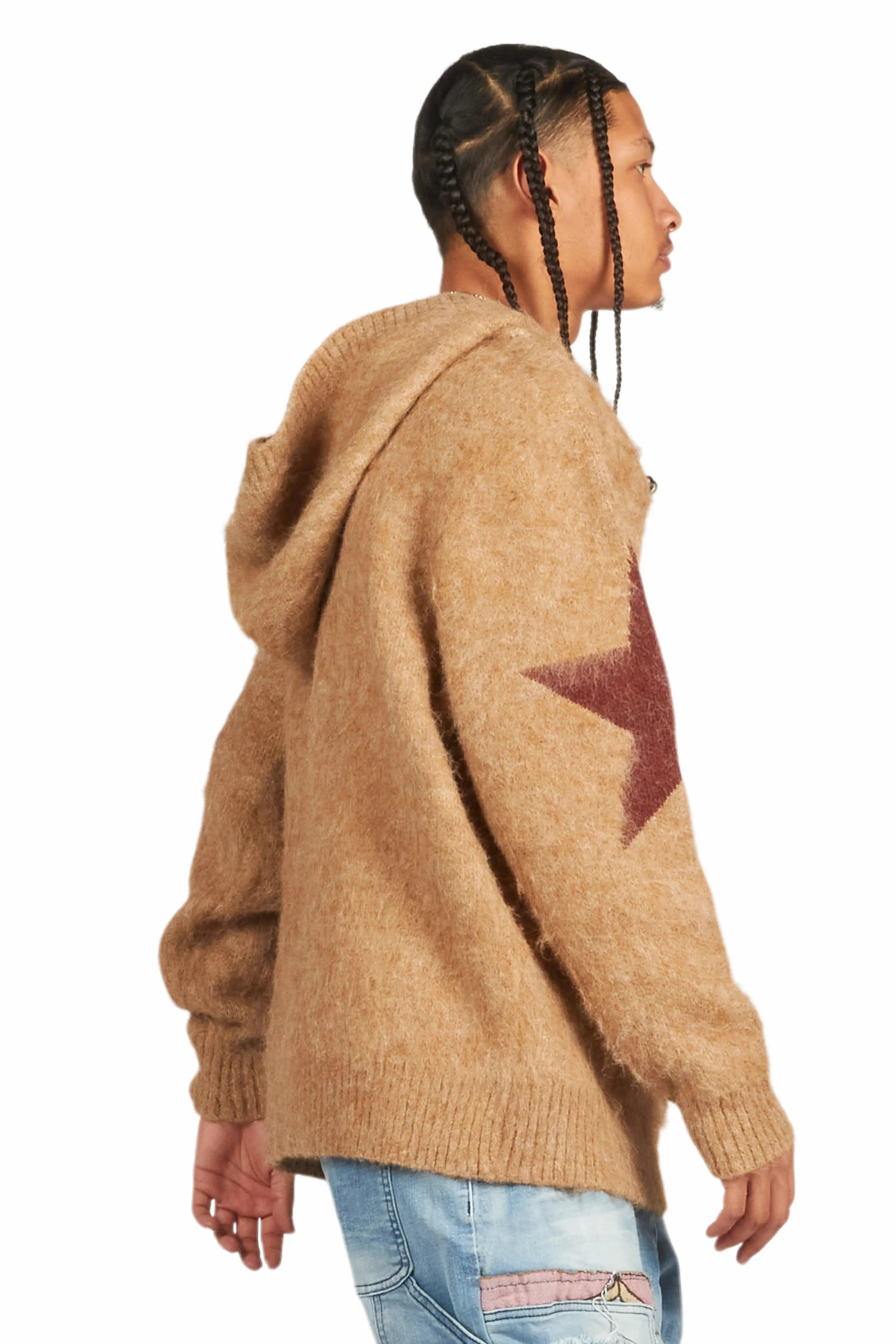 States Brown Graphic Knitted Mohair Hoodie Male Product Image