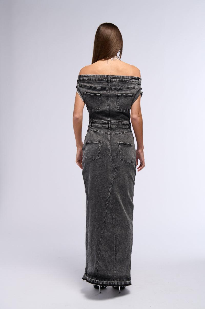 DERRIA OFF THE SHOULDER DENIM MAXI DRESS Product Image