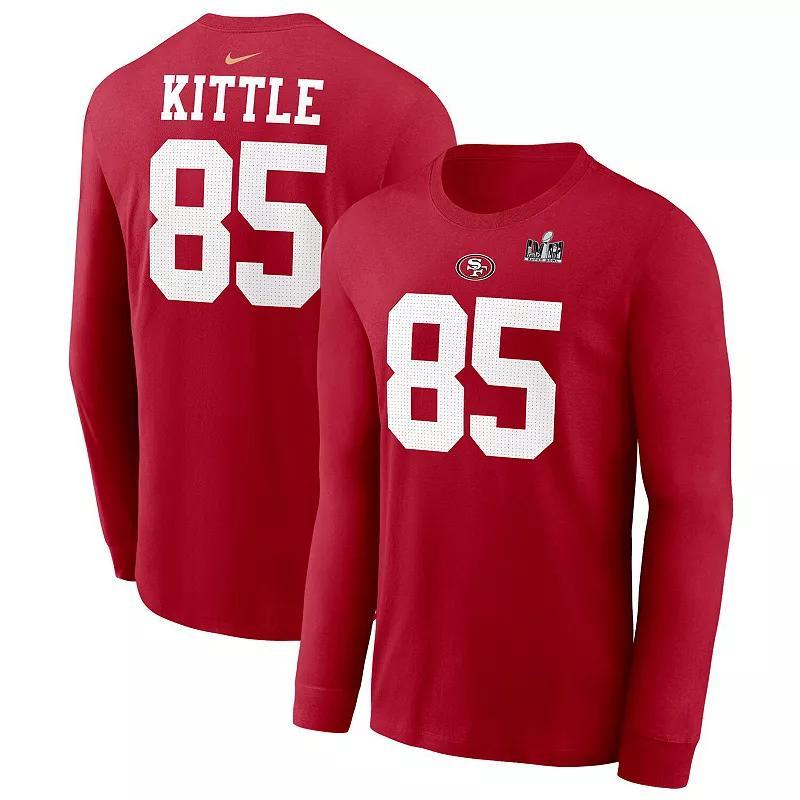 Mens Nike George Kittle Scarlet San Francisco 49ers Super Bowl Lviii Patch Player Name and Number Long Sleeve T-shirt Product Image