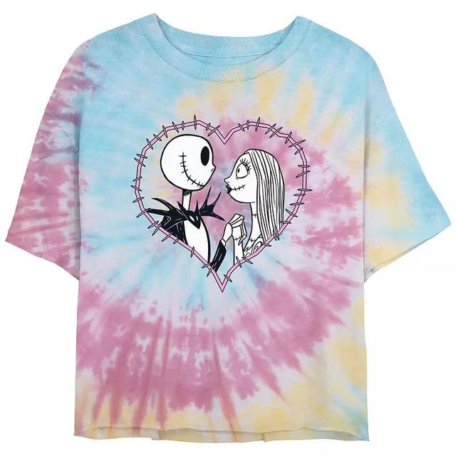 Disneys The Nightmare Before Christmas Jack And Sally Love Crop Top Tie Dye Juniors Graphic Tee, Womens Product Image