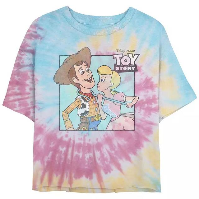 Disney / Pixars Toy Story Woody And Bo Peep About To Kiss Juniors Cropped Tie Dye Graphic Tee, Womens Product Image