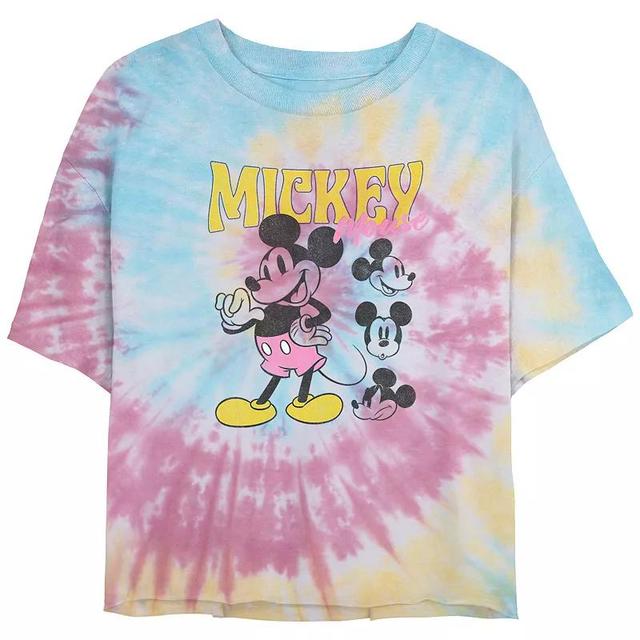 Disneys Mickey Mouse Poses Spiral Tie Dye Juniors Cropped Graphic Tee, Womens Product Image