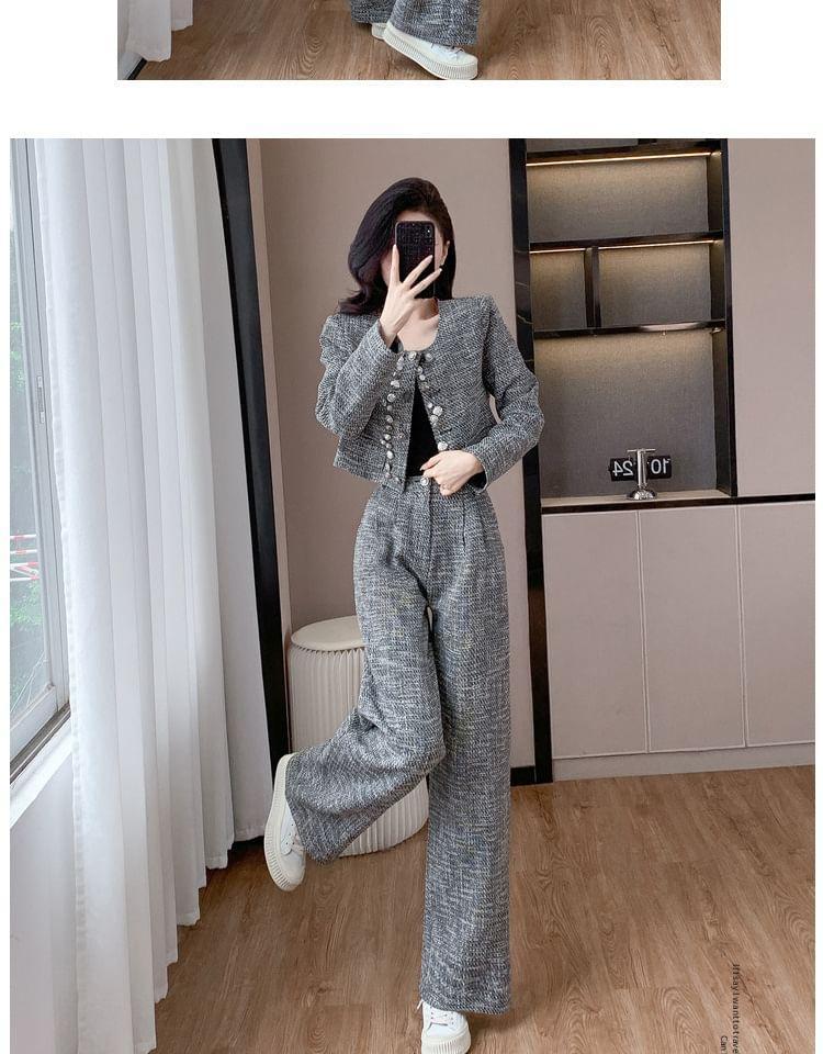 Set: Round Neck Beaded Tweed Button Jacket + High Waist Wide Leg Pants Product Image