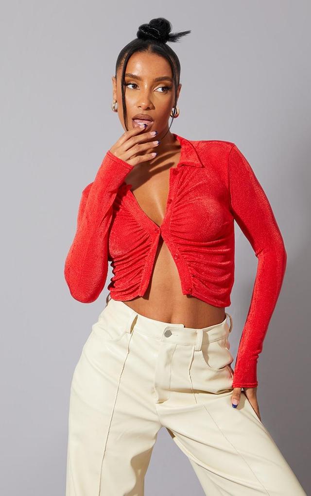 Red Acetate Slinky Ruched Front Shirt Product Image