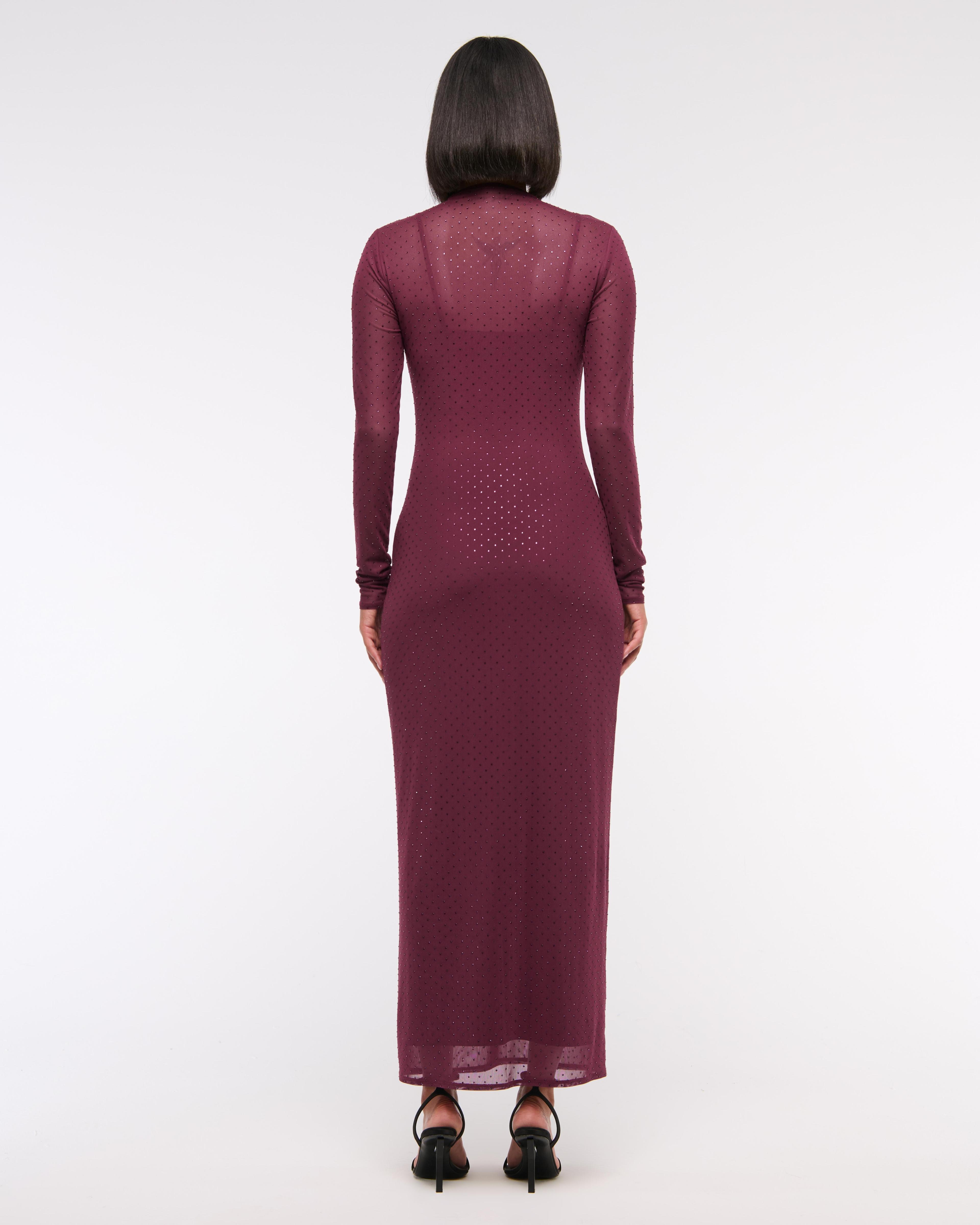 Long-Sleeve Rhinestone Mesh Maxi Dress Product Image