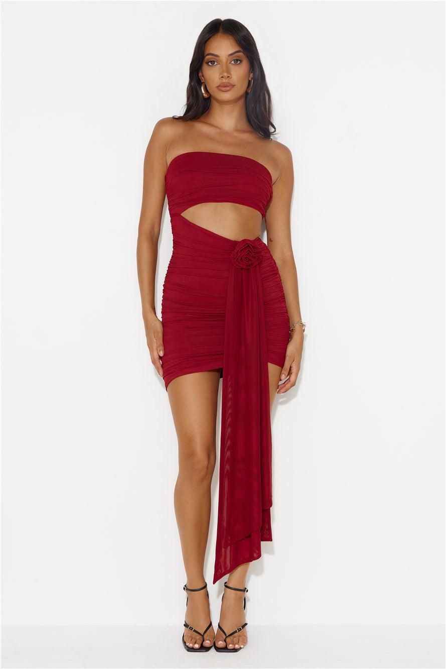 One Week Vacay Strapless Mesh Mini Dress Maroon Product Image