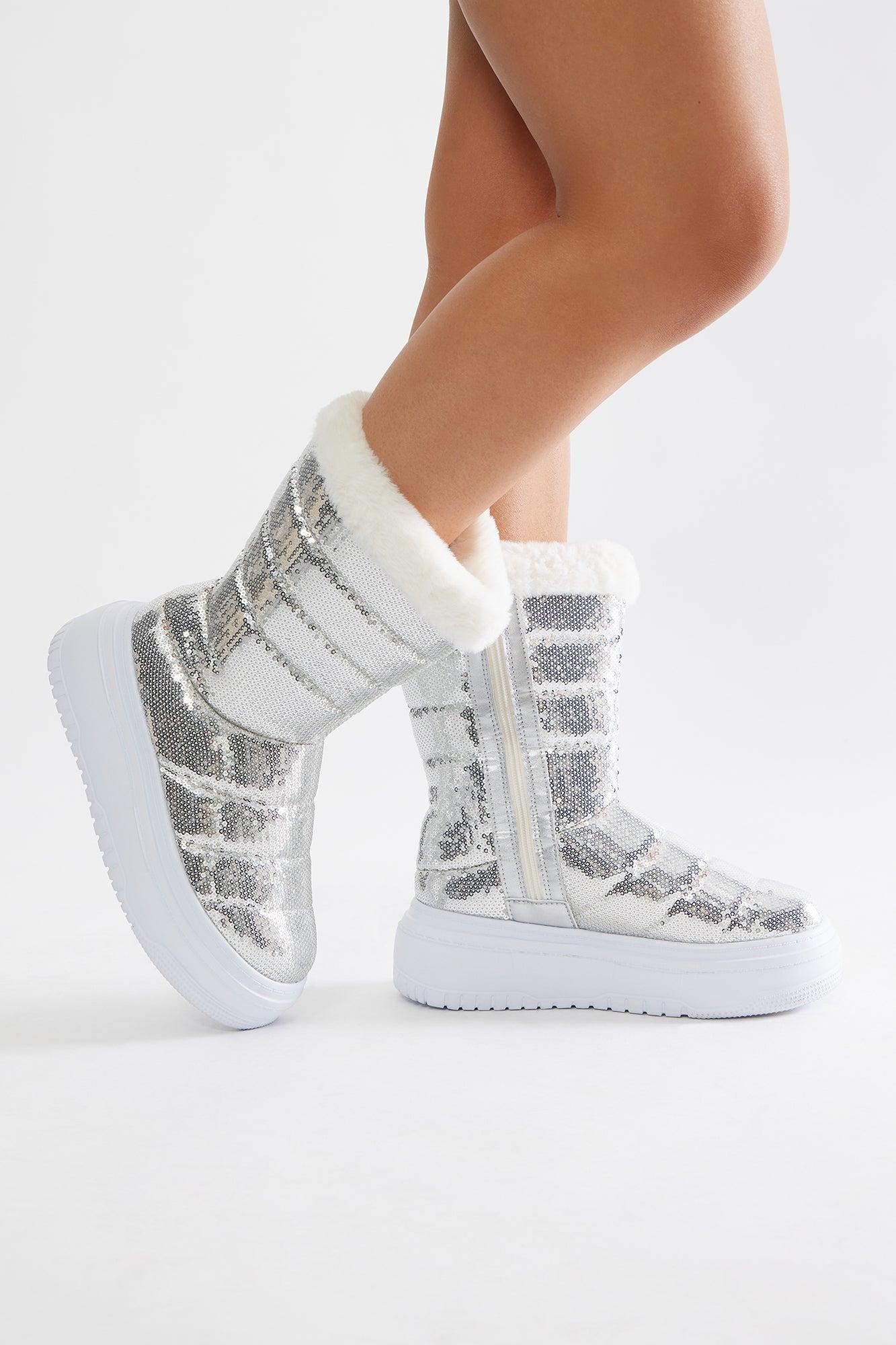 Bella Sequin Platform Boots - Silver Product Image