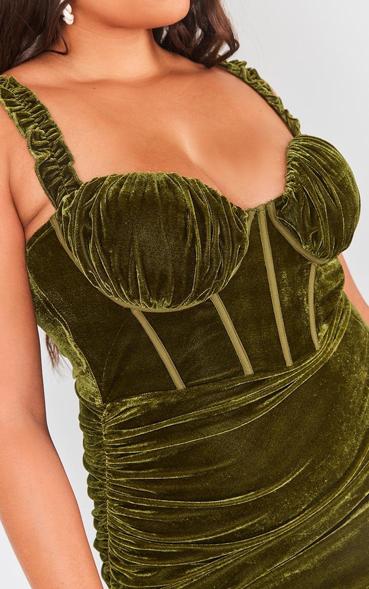 Plus Olive Velvet Ruffle Strap Corset Detail Midi Dress Product Image