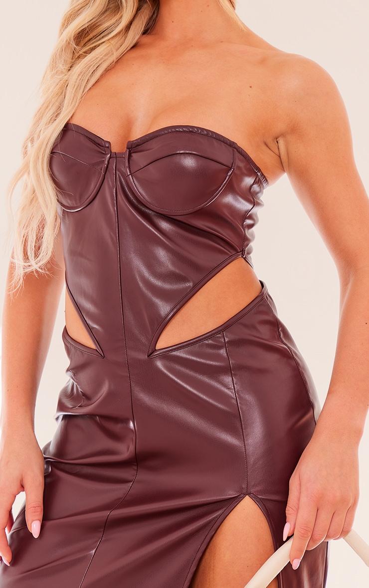 Chocolate Brown Faux Leather Corset Cut Out Bandeau Maxi Dress Product Image