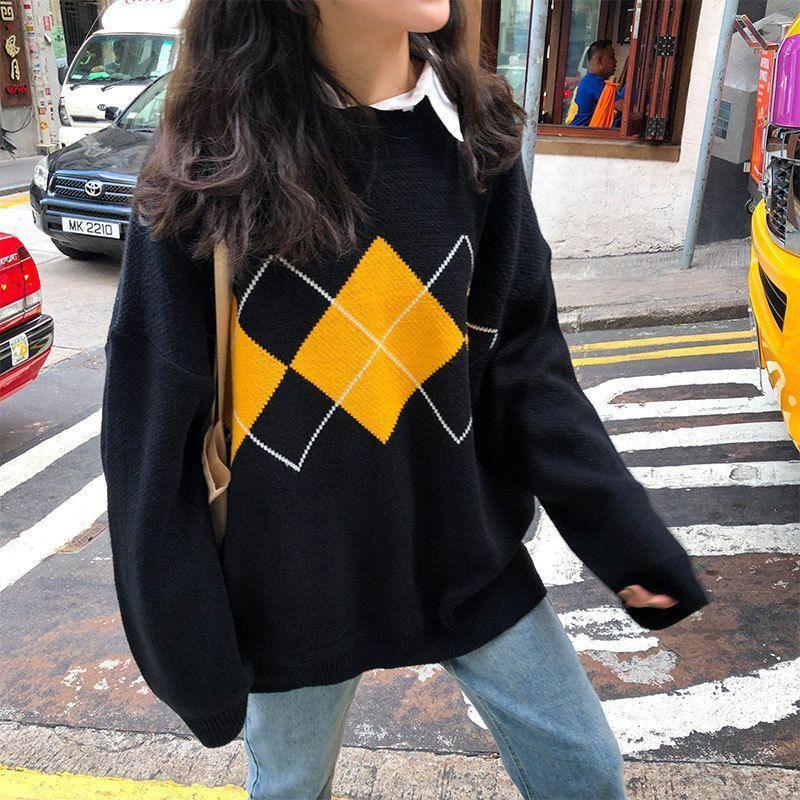 Crew-Neck Argyle Oversized Sweater Product Image